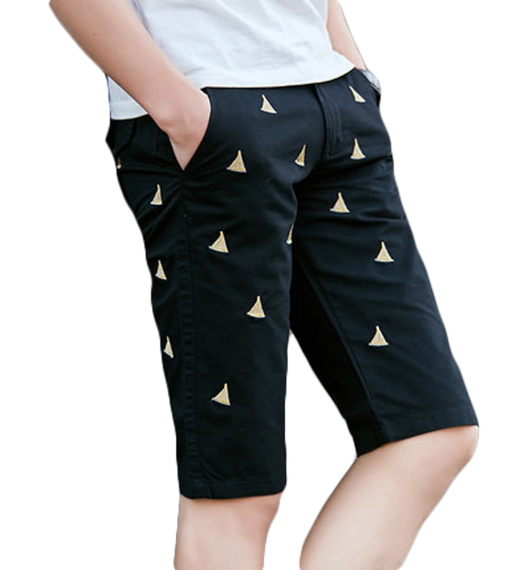 Black Casual Mens Sail Slim Boats Embroidered High End Shorts at PILAEO